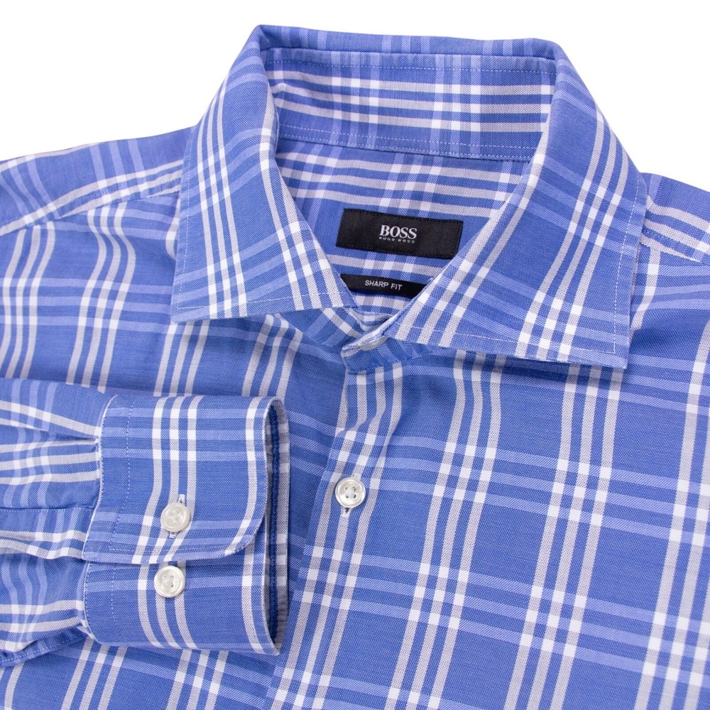 Hugo Boss Mens Large 16 x 34/35  Sharp Fit Blue‎ Check Long Sleeve Shirt